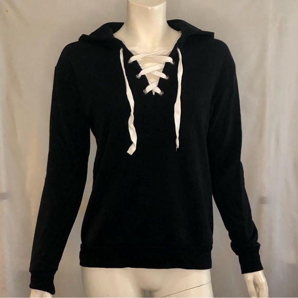 Woman’s black pull over hoodie with white laced front - Picture 8 of 13